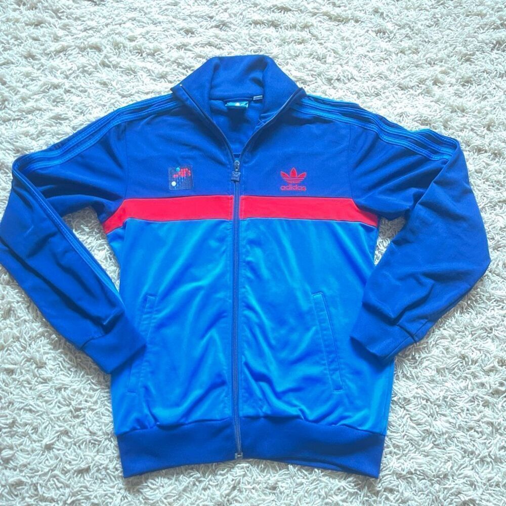 Vintage 1980s Adidas Tracksuit Zip Up Track Suit Jacket Size M Soccer Blue Red